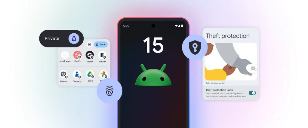 Illustration des fonctionnalités d'Android 15 avec protection des données et verrouillage des applications