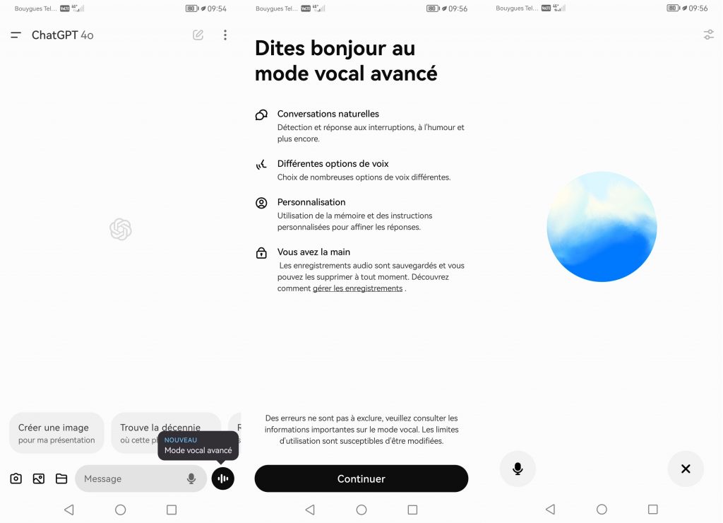 Interface du mode vocal avancé de ChatGPT montrant l’assistant vocal interactif.