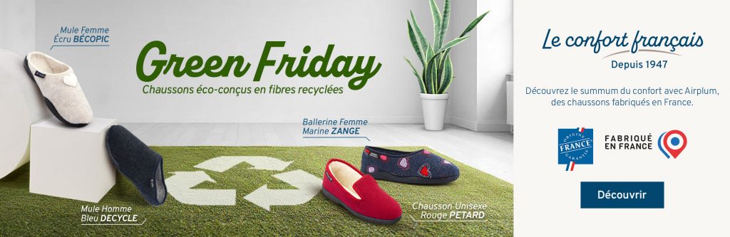 Visuel Green Friday Airplum avec 4 modèles de chausson eco responsable